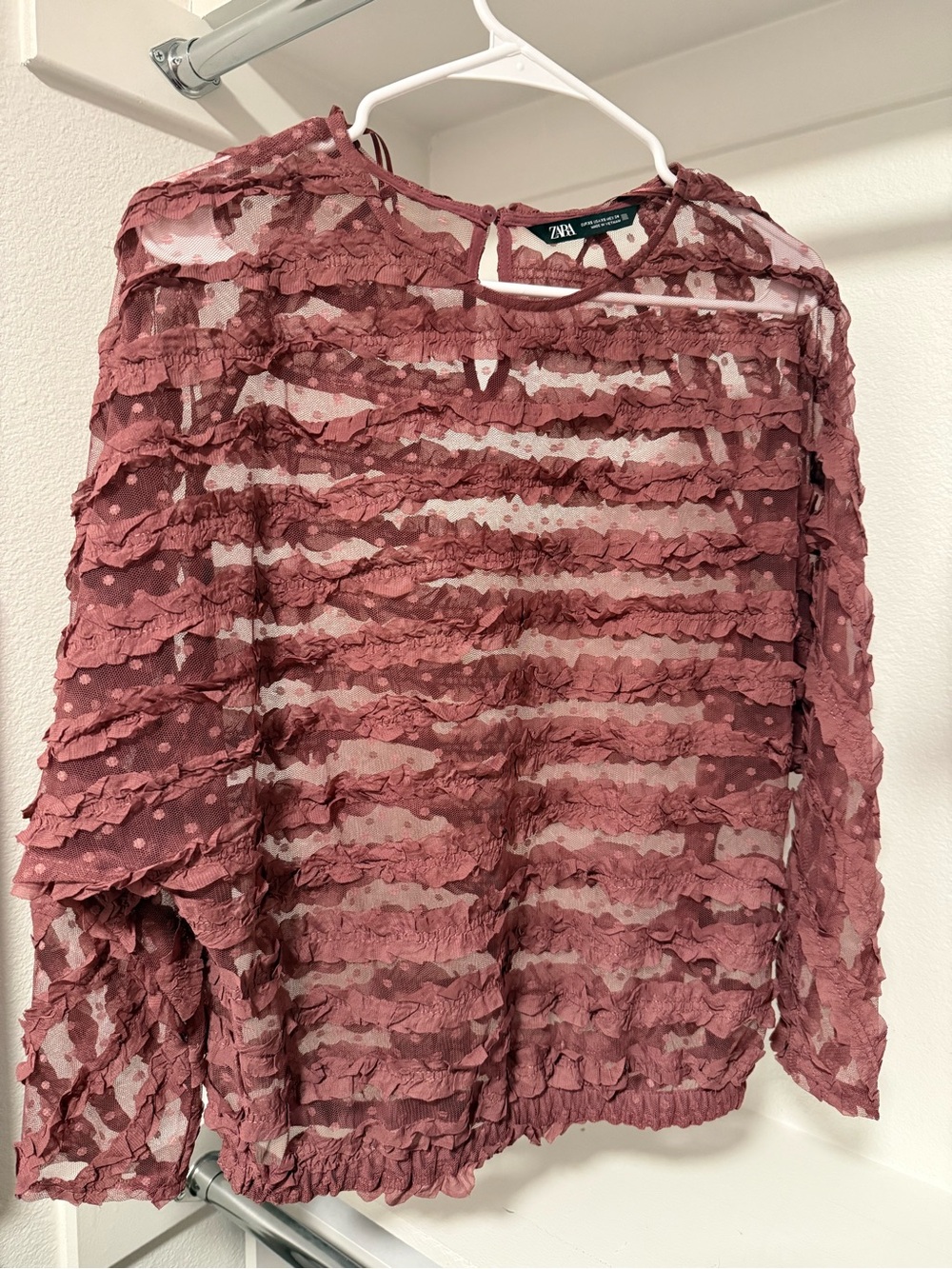 Zara Dusty Rose Ruffled Sheer Blouse - Women's Top